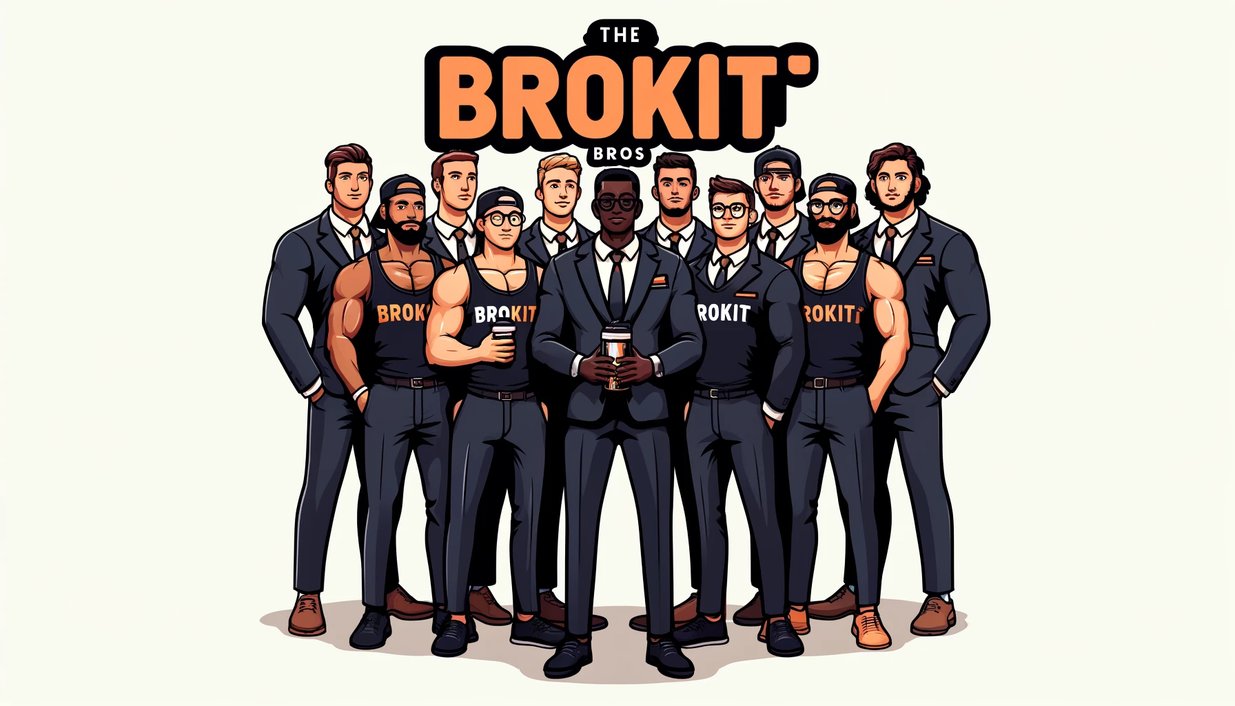 AI Generated image of the Brokit bros. A group of guys wearing caps, suits and brokit branded clothing